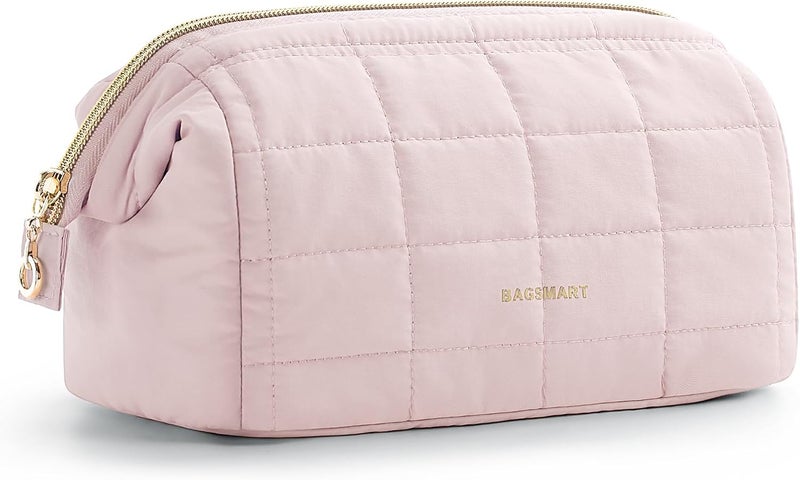 BAGSMART BAGSMART Makeup Bag Travel Toiletry Bag, Puffy Padded Make Up Bags for Women Makeup Organizer Case, Wide-open Pouch Purse Travel Essentials Toiletries Accessories Brushes, Pink 