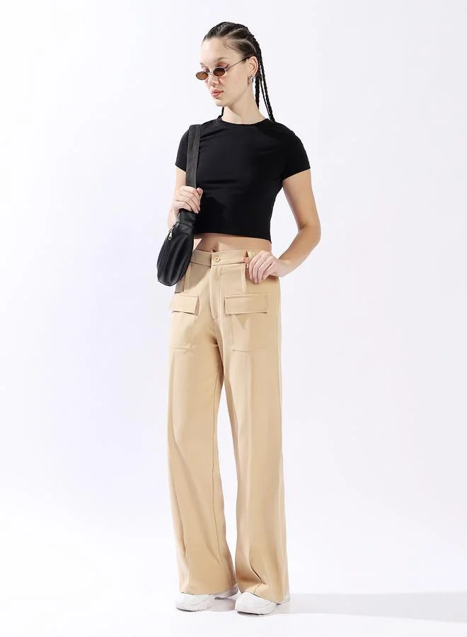 HIGH STAR Women's Beige 100% Polyester Solid Pattern Full Length Chinos Wide Leg Trouser