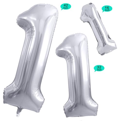 GOER Silver Number 1 Foil BalloonsHuge Number Balloons for 1st 11st Birthday Party Supplies Anniversary Decorations3 pcs42 inch32 inc16inch - Image 5