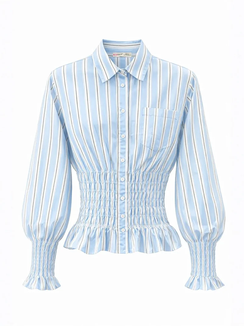 ميكسراي MIXRAY Striped Button-Down Shirt with Elastic Detail