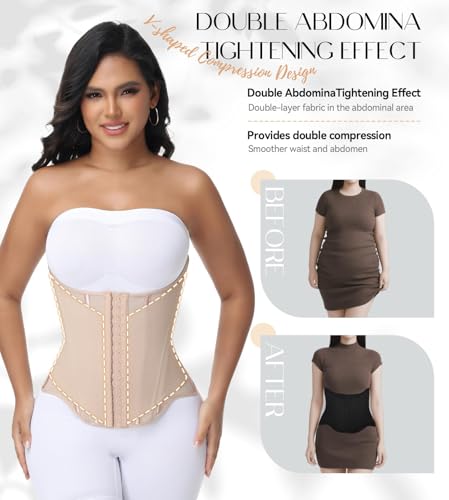 SHAPSHE Waist Trainer for Women Tummy Control Cincher Corset Shapewear Working Out Body Shaper with Hooks Tan M - Image 3