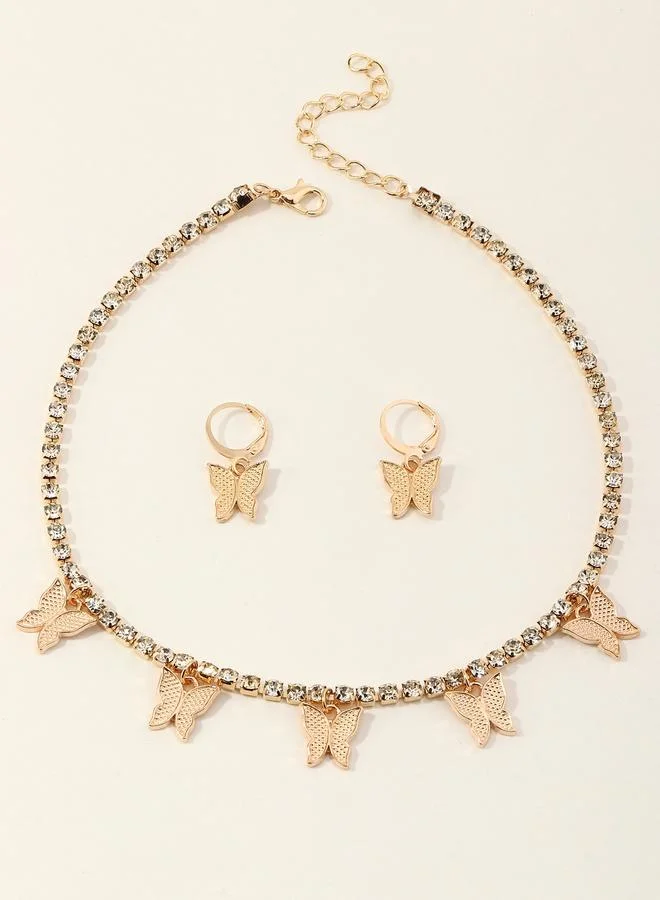 تايك تو Pack of 3 Gold Tone Rhinestone Embellished Butterfly Necklace and Earrings