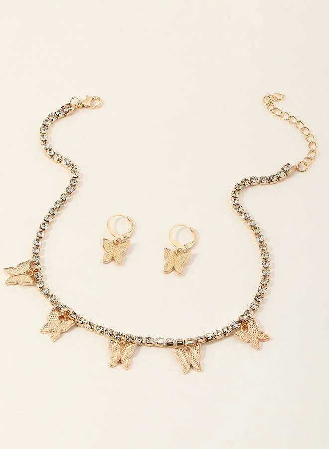تايك تو Pack of 3 Gold Tone Rhinestone Embellished Butterfly Necklace and Earrings