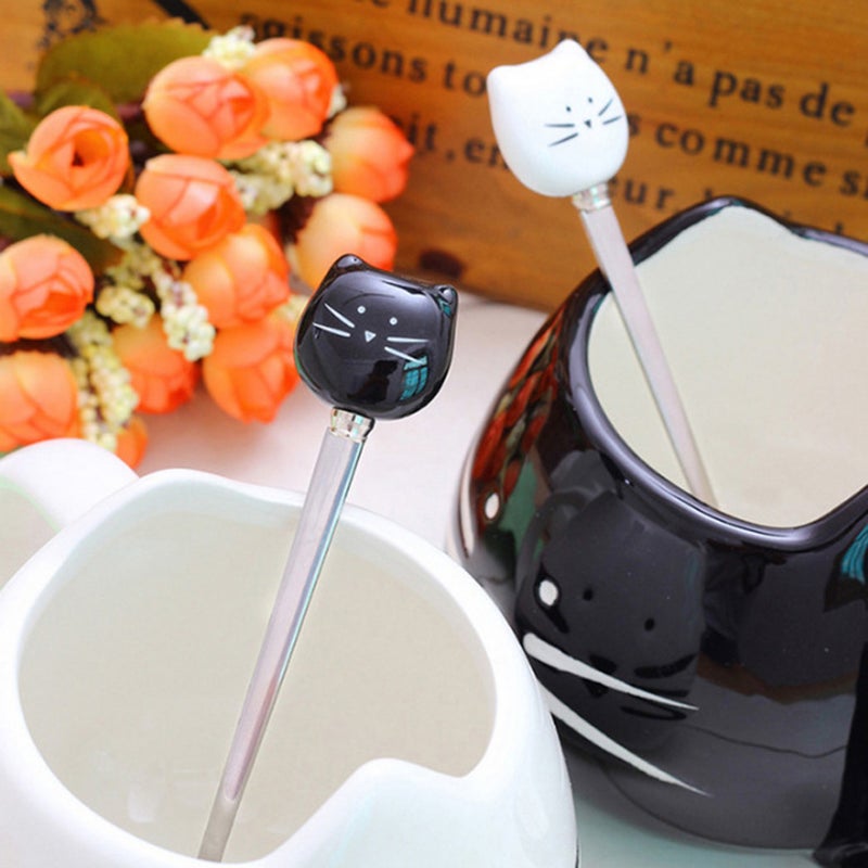 🍳 شوكة صغيرة للحلويات والفواكه م السيراميك والفولاذ المقاوم للصدأ بتصميم قط أبيض كرتو ي - Image 2