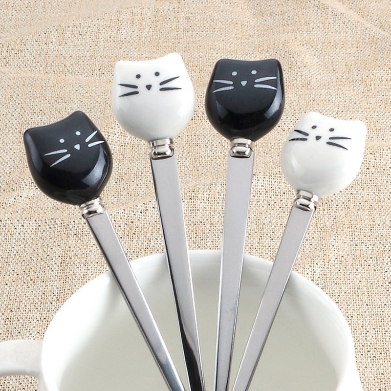 🍳 شوكة صغيرة للحلويات والفواكه م السيراميك والفولاذ المقاوم للصدأ بتصميم قط أبيض كرتو ي - Image 5