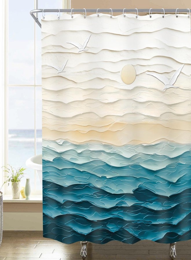 Imirell Abstract Teal Beach Shower Curtain 60Wx72H Inches Oil Painting Ocean Sea Wave Sunset Sunrise Nature Landscape Summer Hawaii Scenery Ombre Fabric Waterproof Polyester with 12 Pack Hooks Plastic - Image 1