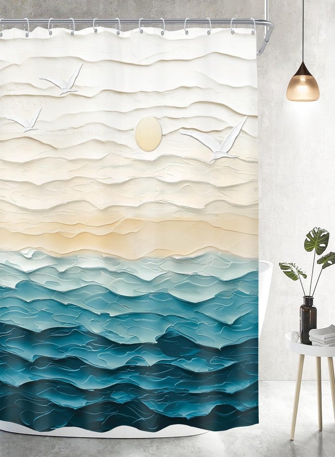 Imirell Abstract Teal Beach Shower Curtain 60Wx72H Inches Oil Painting Ocean Sea Wave Sunset Sunrise Nature Landscape Summer Hawaii Scenery Ombre Fabric Waterproof Polyester with 12 Pack Hooks Plastic - Image 3