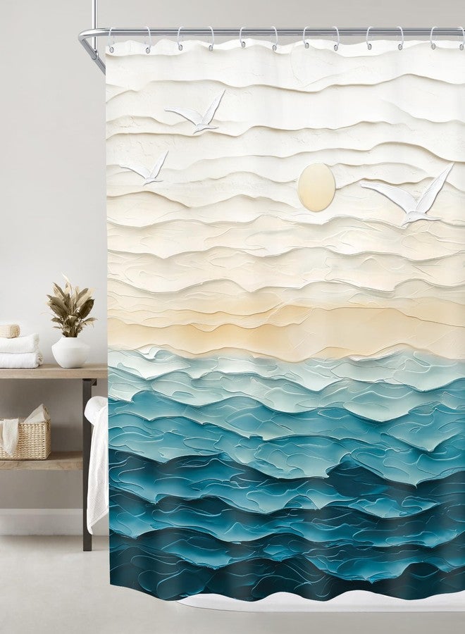 Imirell Abstract Teal Beach Shower Curtain 60Wx72H Inches Oil Painting Ocean Sea Wave Sunset Sunrise Nature Landscape Summer Hawaii Scenery Ombre Fabric Waterproof Polyester with 12 Pack Hooks Plastic - Image 2