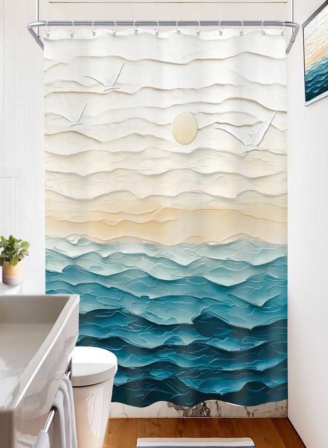 Imirell Abstract Teal Beach Shower Curtain 60Wx72H Inches Oil Painting Ocean Sea Wave Sunset Sunrise Nature Landscape Summer Hawaii Scenery Ombre Fabric Waterproof Polyester with 12 Pack Hooks Plastic - Image 4