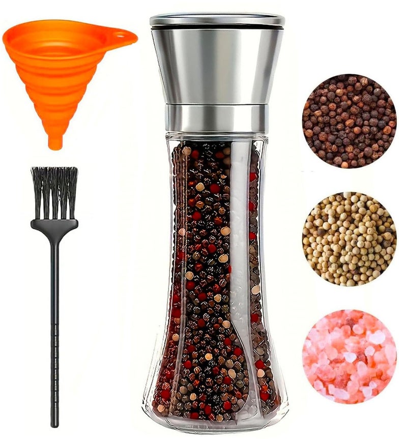TooWoom Pepper Grinder Salt Grinder 8inch Stainless Steel Pepper Mill wAdjustable Coarseness Refillable Salt with Funnel Cleaning Brush Manual Pepper Grinder for Black Peppercorns