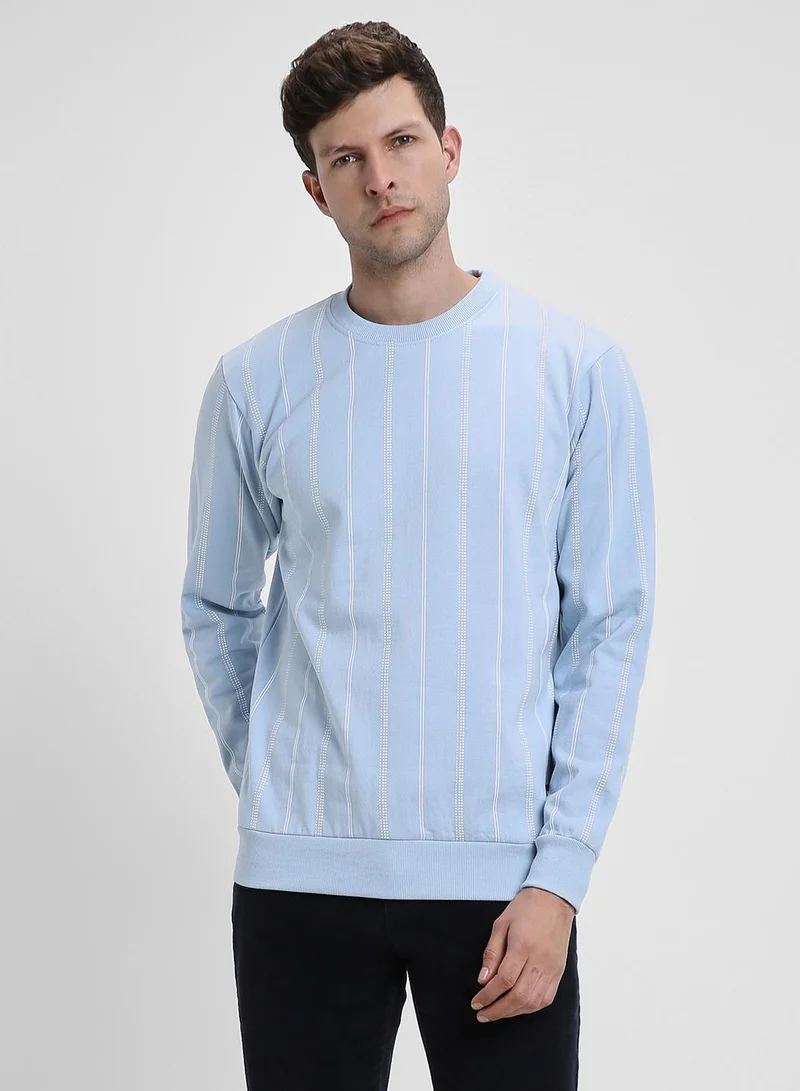 Dennis Lingo Regular Fit Light Blue Striped Round Neck Sweatshirt for Men - Polycotton, Full Sleeves
