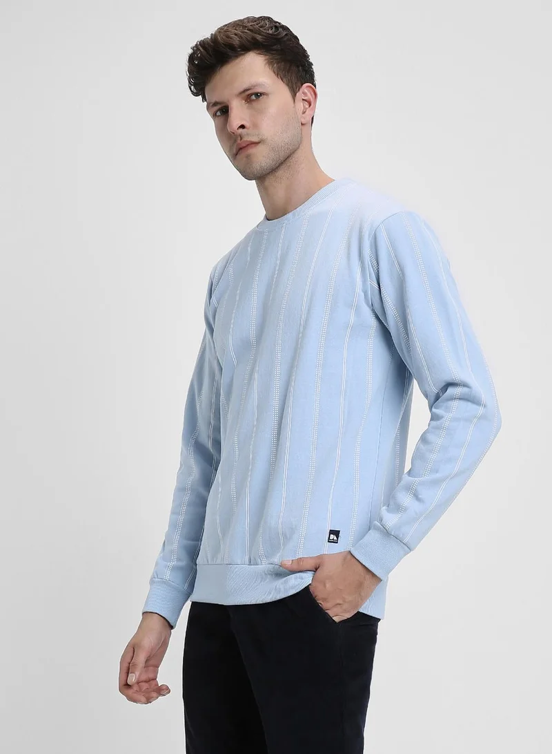 Dennis Lingo Regular Fit Light Blue Striped Round Neck Sweatshirt for Men - Polycotton, Full Sleeves