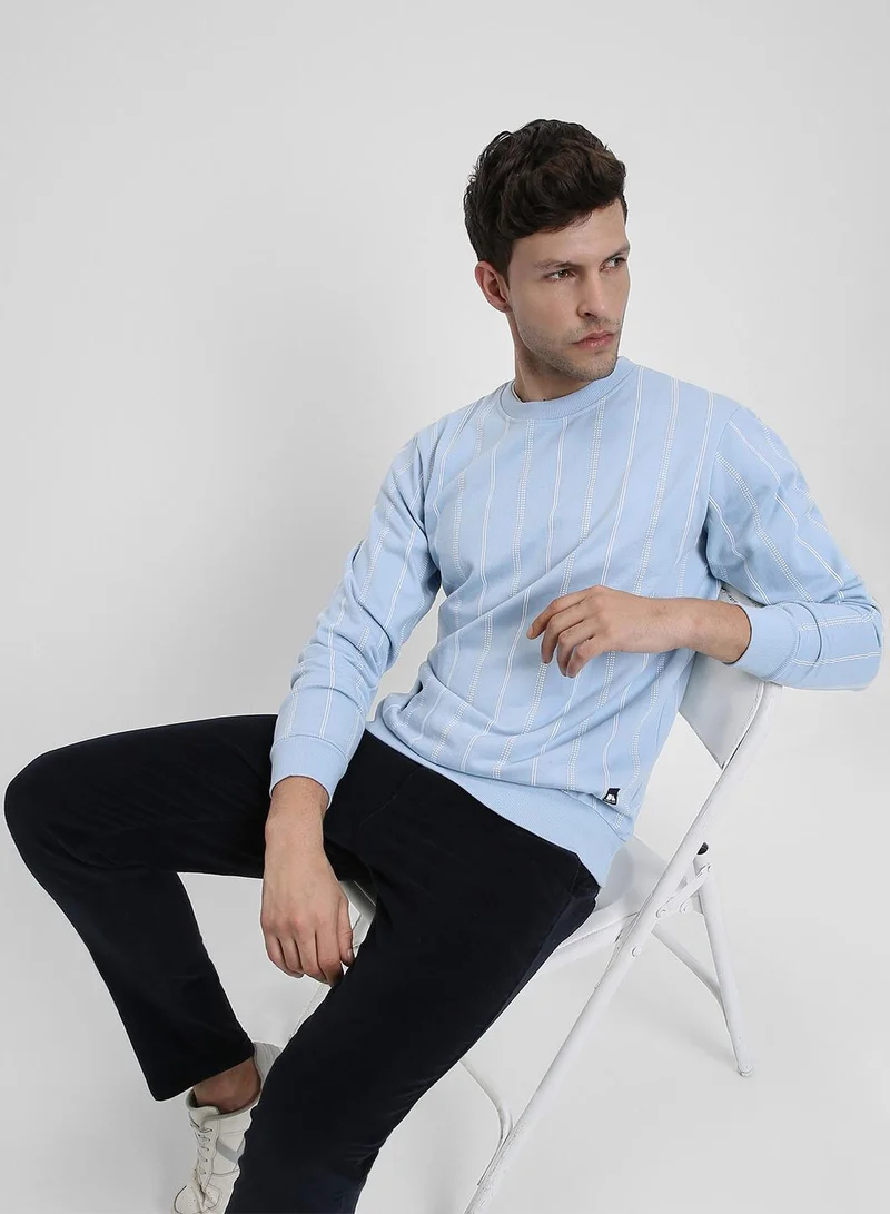 Dennis Lingo Regular Fit Light Blue Striped Round Neck Sweatshirt for Men - Polycotton, Full Sleeves