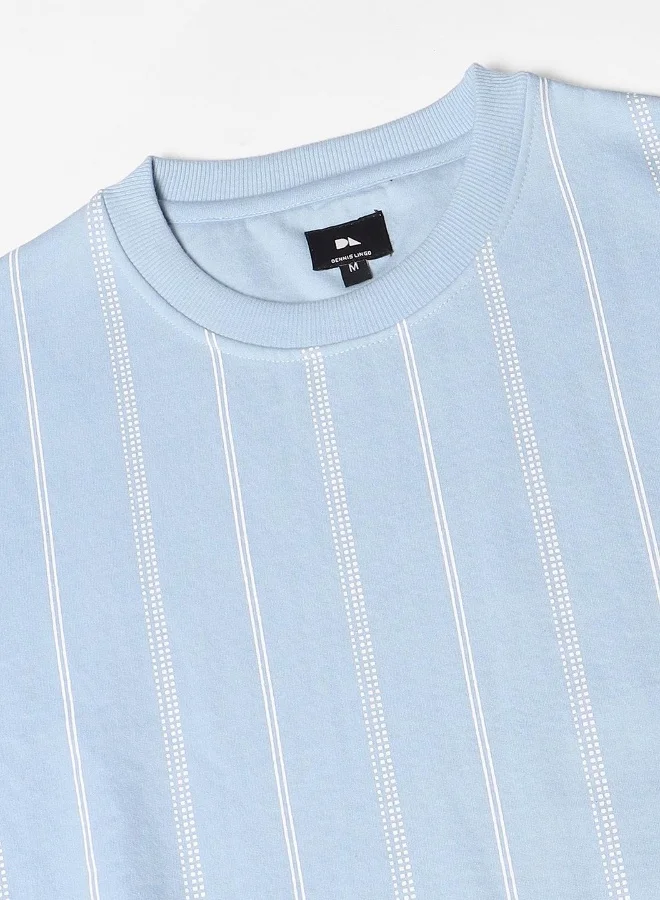Dennis Lingo Regular Fit Light Blue Striped Round Neck Sweatshirt for Men - Polycotton, Full Sleeves