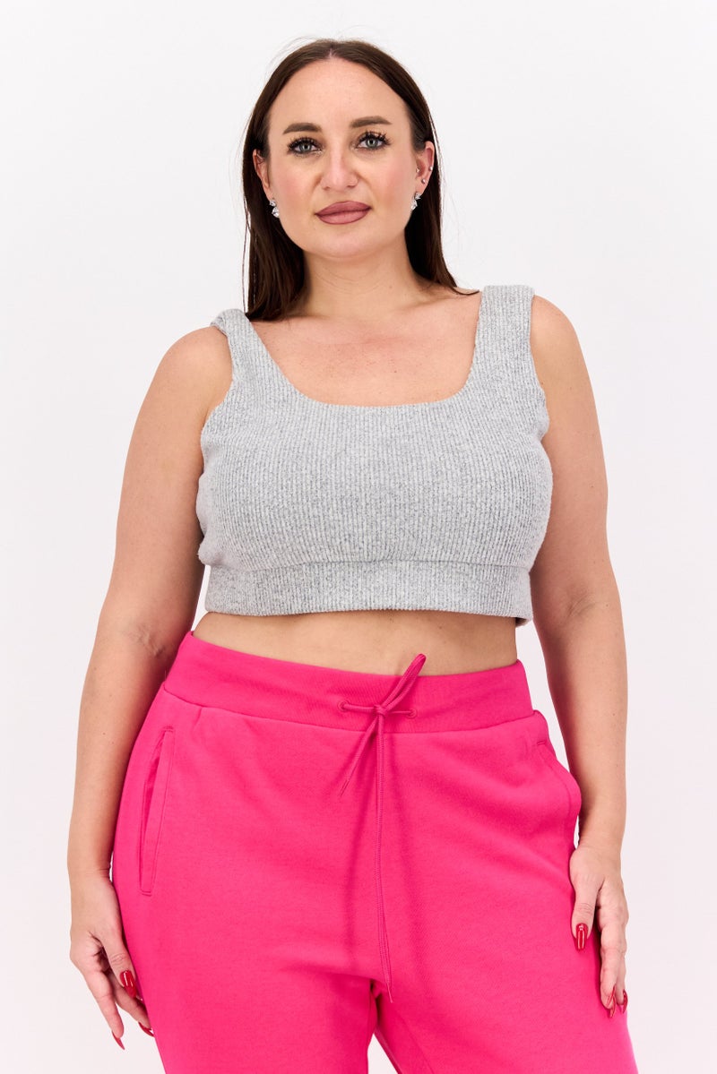 Nina Parker Women Plus Size U-Neck Sleeveless Ribbed Tank Top, Grey  - Image 1