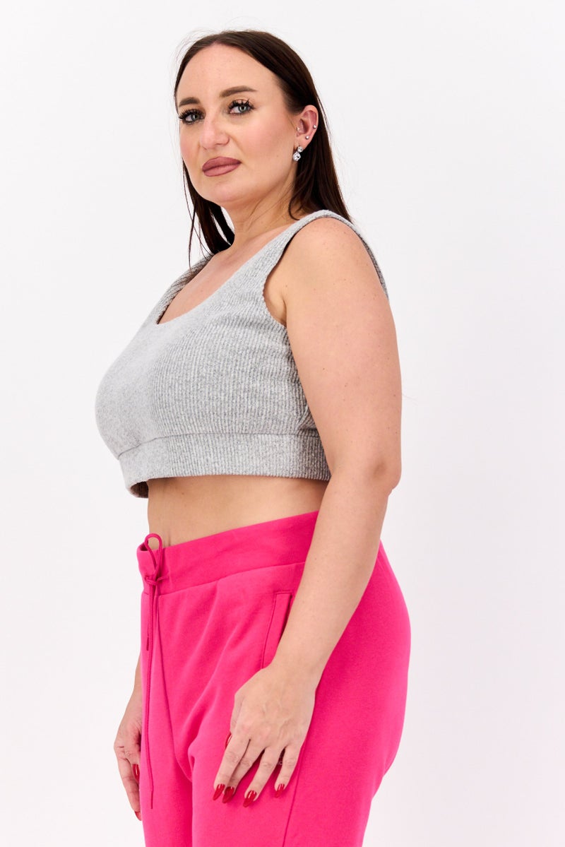 Nina Parker Women Plus Size U-Neck Sleeveless Ribbed Tank Top, Grey  - Image 2