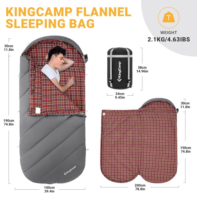 KingCamp XXL Sleeping Bag Camping Sleeping Bag 4 Seasons Plus Size Cotton Flannel for Winter Adults Outdoor Warm Lightweight for Indoor and Outdoor Use (Grey) - Image 2