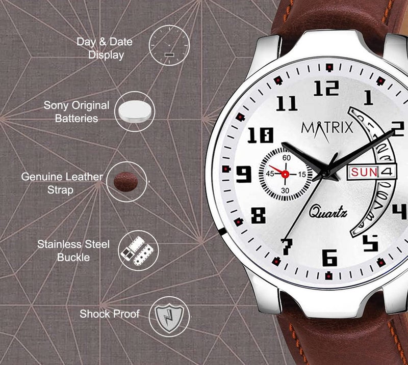 Matrix Analog Day & Date Display Wrist Watch for Men & Boys (White) - Image 2
