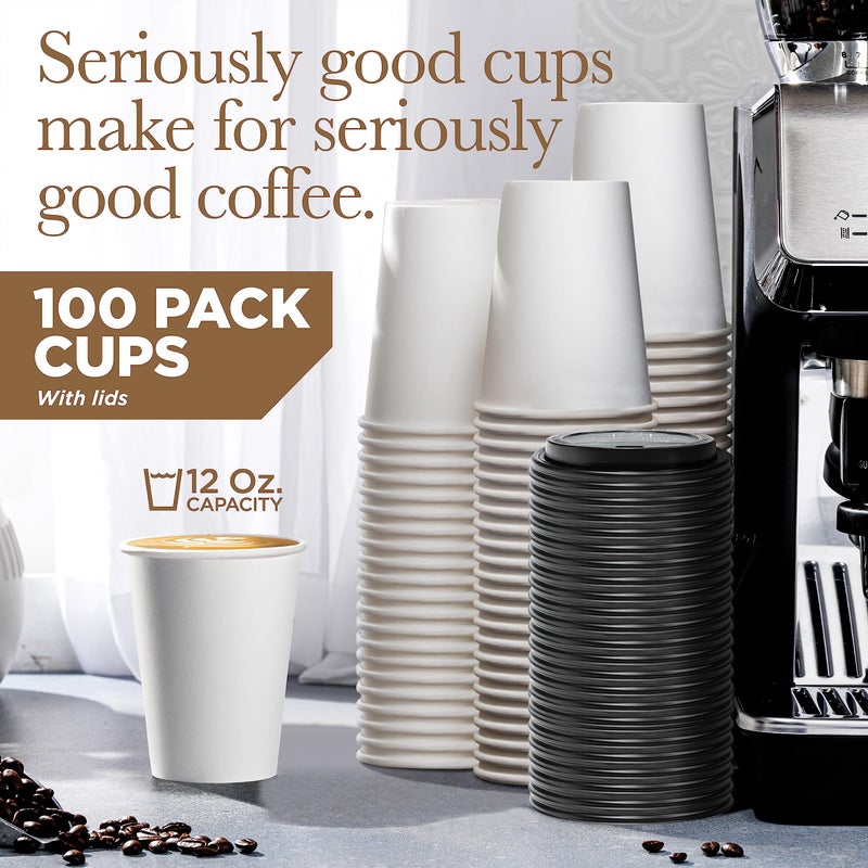Shop Square Disposable Coffee Cups with Lids 12 oz (100 Pack) - Paper Coffee Cups for Hot & Cold Drinks  Tea  Hot Chocolate  Water - Image 2