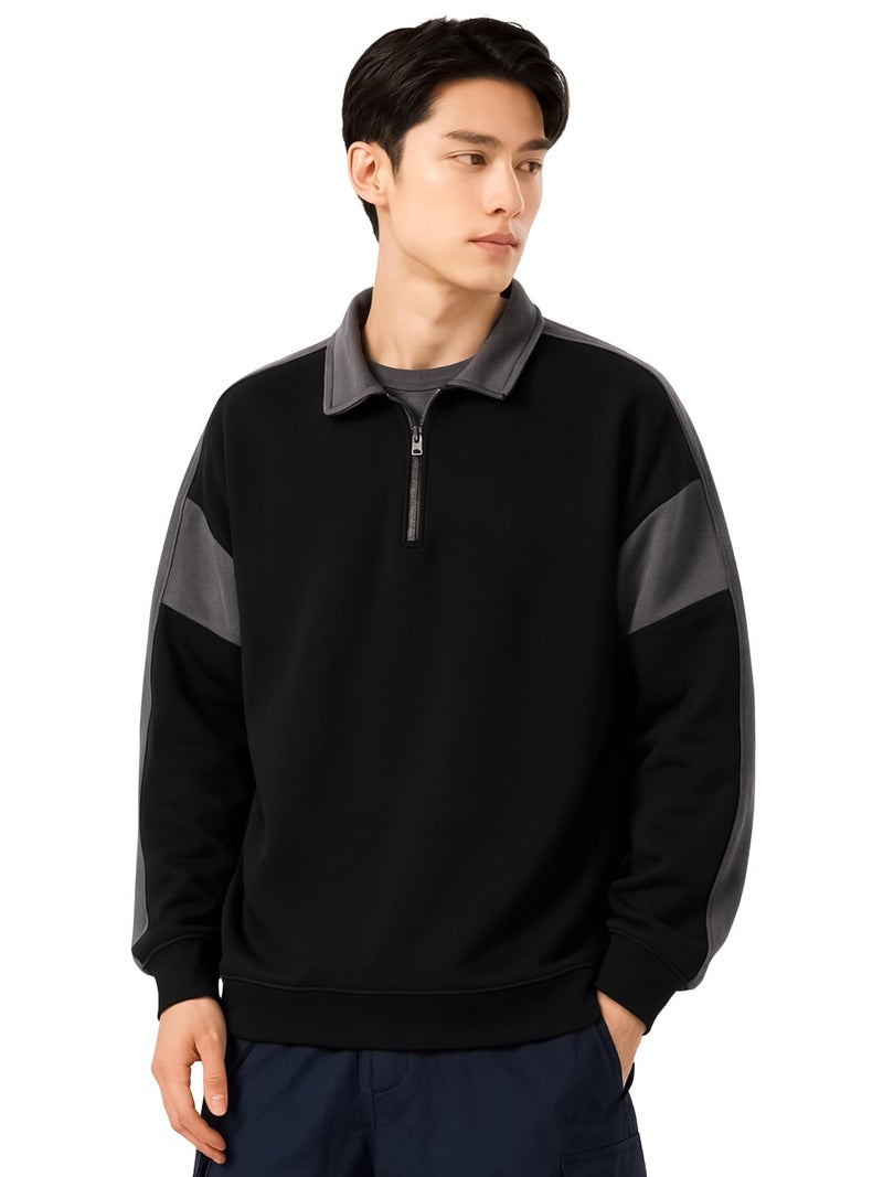 Jump Cuts Mens Color Block Polo Neck Full Sleeve Half Zipper Black and Grey Fleece Sweatshirt - Image 1