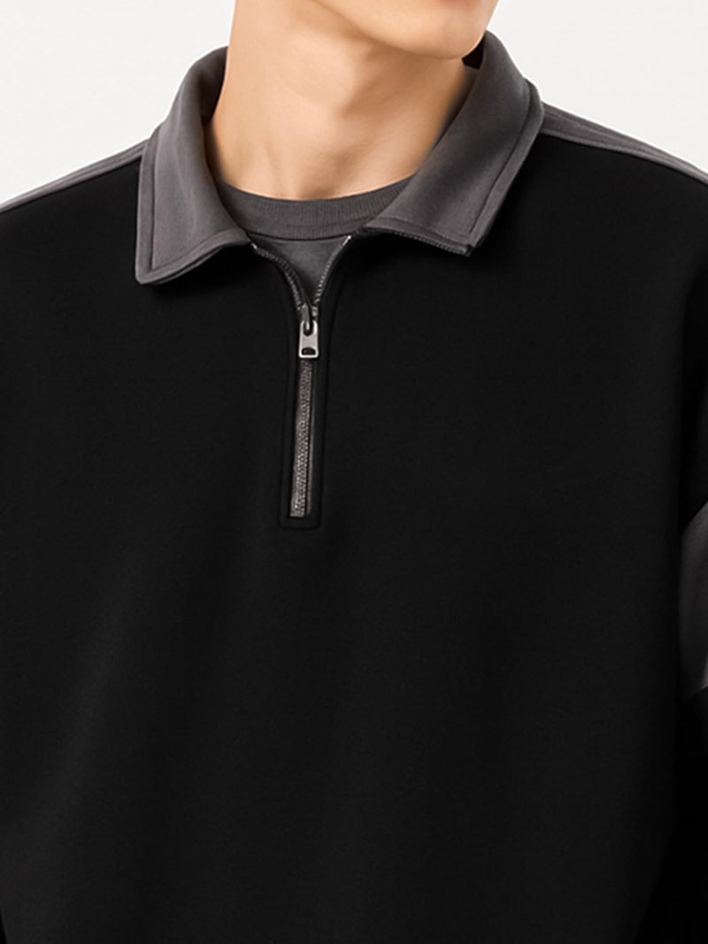 Jump Cuts Mens Color Block Polo Neck Full Sleeve Half Zipper Black and Grey Fleece Sweatshirt - Image 5