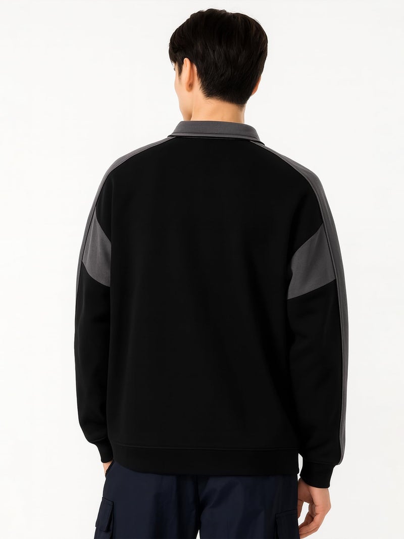 Jump Cuts Mens Color Block Polo Neck Full Sleeve Half Zipper Black and Grey Fleece Sweatshirt - Image 4