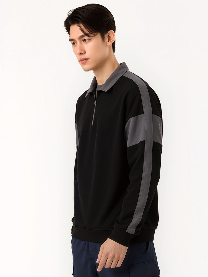 Jump Cuts Mens Color Block Polo Neck Full Sleeve Half Zipper Black and Grey Fleece Sweatshirt - Image 2