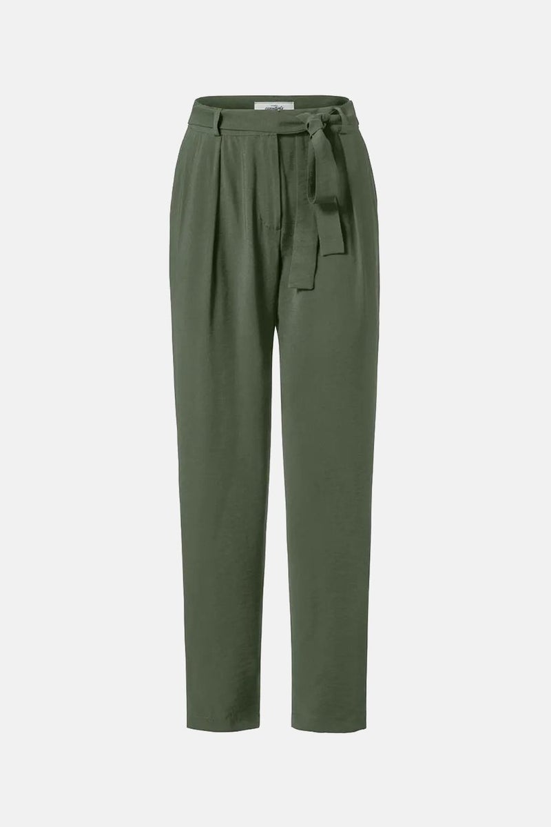 Tchibo Women Regular Fit Plain Belted Straight Leg Pants, Olive  - Image 2