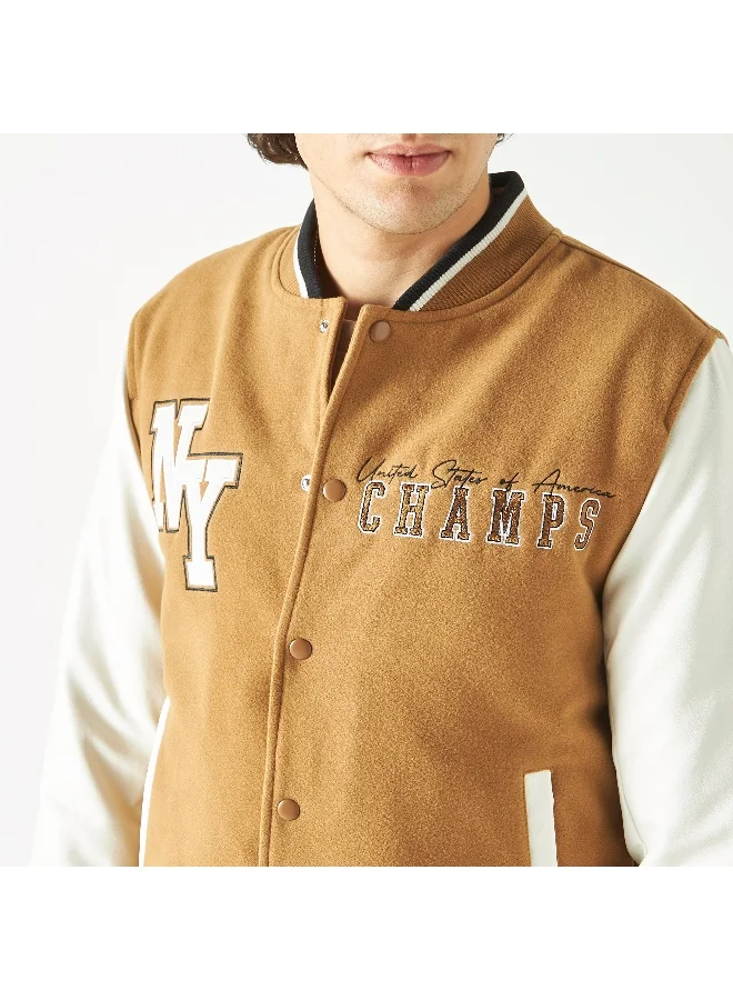 Iconic Iconic Embroidered Varsity Jacket with Long Sleeves and Button Closure