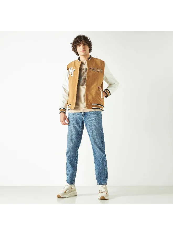Iconic Iconic Embroidered Varsity Jacket with Long Sleeves and Button Closure