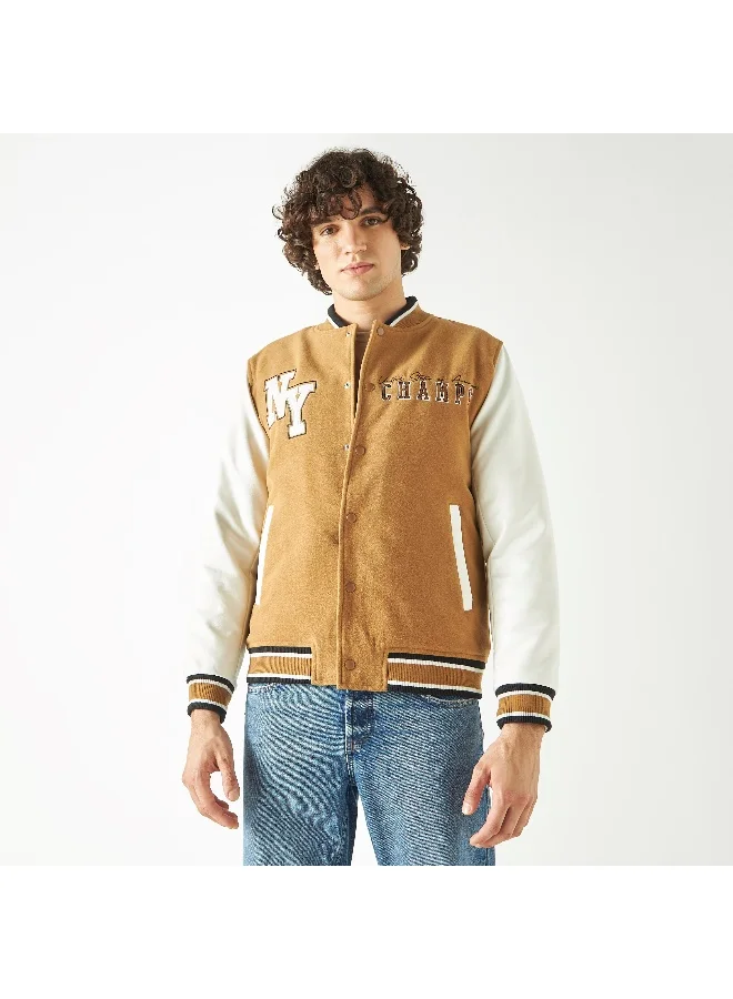 Iconic Iconic Embroidered Varsity Jacket with Long Sleeves and Button Closure