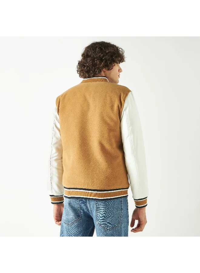Iconic Iconic Embroidered Varsity Jacket with Long Sleeves and Button Closure