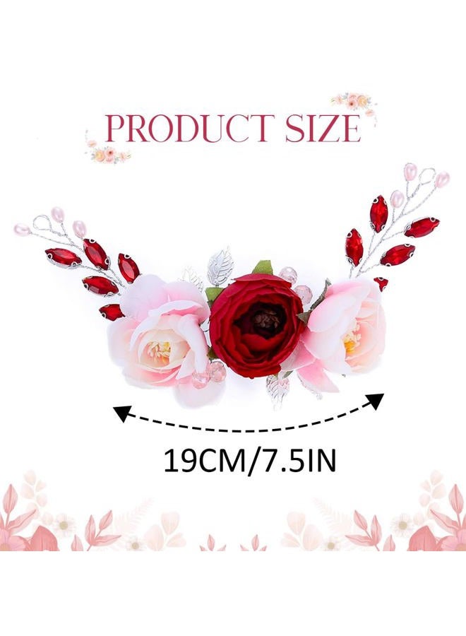 Unicra Rose Flower Bride Wedding Hair Vine Silver Leaf Bridal Hair Piece Red Rhinestone Hair Accessories Pearl Headpieces Jewelry for Women and Girls - Image 5