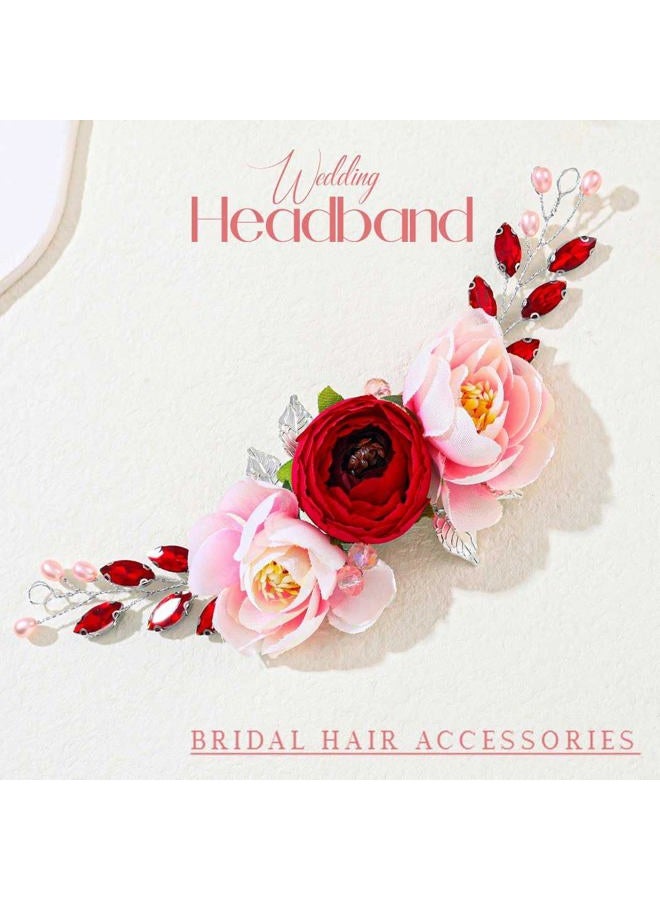 Unicra Rose Flower Bride Wedding Hair Vine Silver Leaf Bridal Hair Piece Red Rhinestone Hair Accessories Pearl Headpieces Jewelry for Women and Girls - Image 2