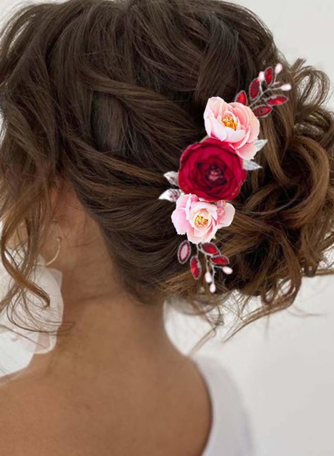 Unicra Rose Flower Bride Wedding Hair Vine Silver Leaf Bridal Hair Piece Red Rhinestone Hair Accessories Pearl Headpieces Jewelry for Women and Girls - Image 3