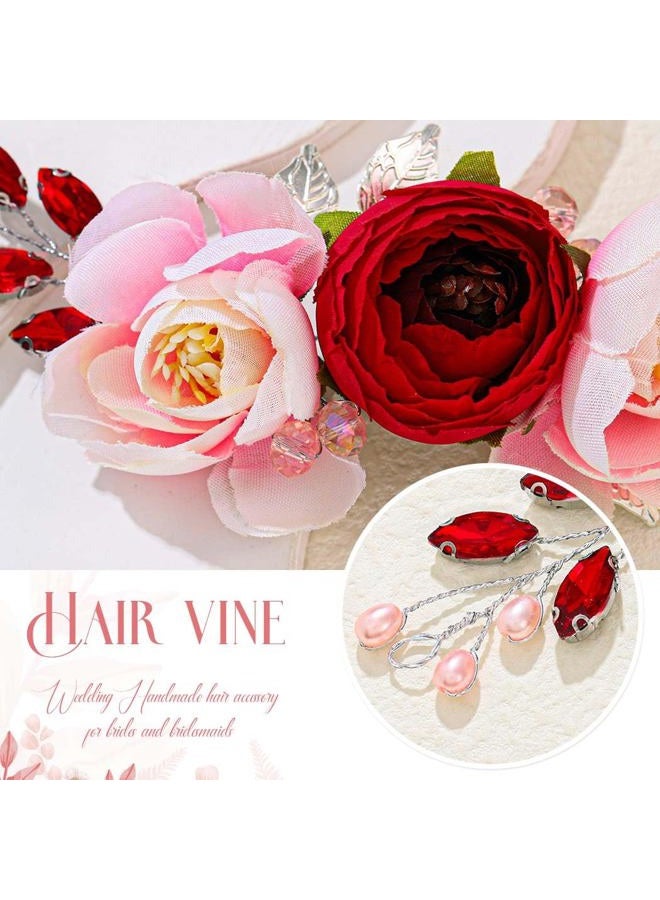 Unicra Rose Flower Bride Wedding Hair Vine Silver Leaf Bridal Hair Piece Red Rhinestone Hair Accessories Pearl Headpieces Jewelry for Women and Girls - Image 4