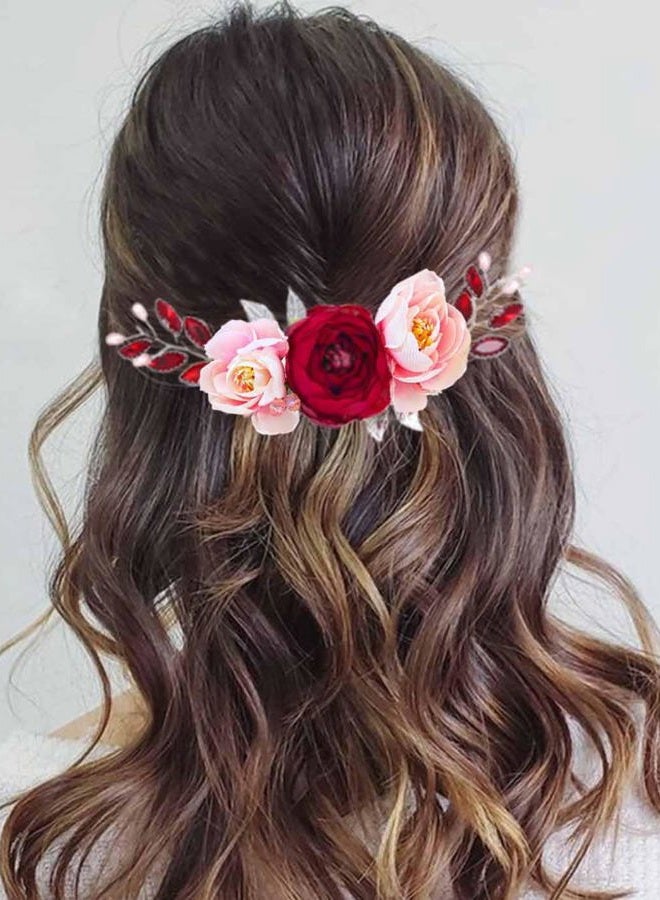 Unicra Rose Flower Bride Wedding Hair Vine Silver Leaf Bridal Hair Piece Red Rhinestone Hair Accessories Pearl Headpieces Jewelry for Women and Girls - Image 1