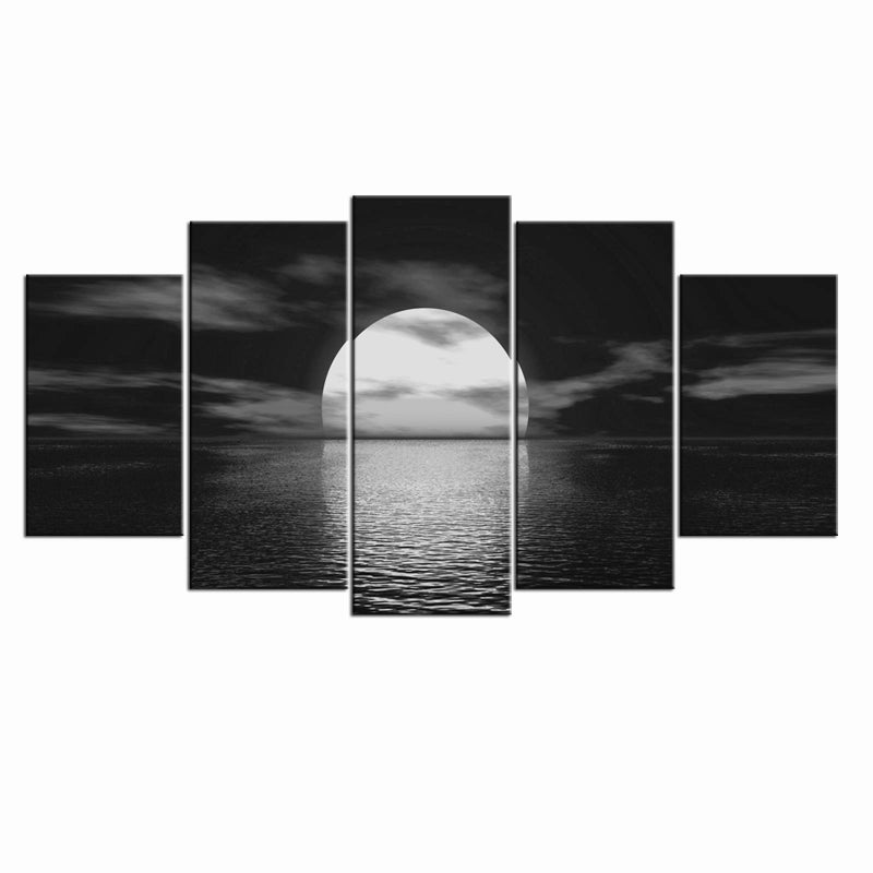 LevvArts 5 Piece Black and White Moon Wall Art Ocean Full Moon Picture Canvas Prints Living Room Bedroom Decoration