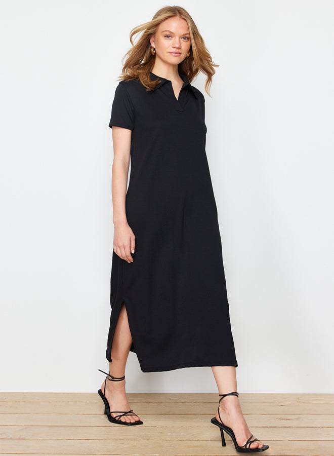 trendyol Black Polo Neck Shift/Regular Cut Midi Stretchy Knitted Dress - Image 2