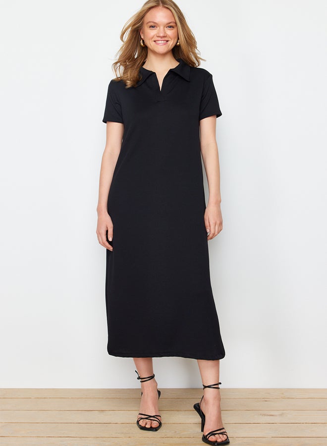 trendyol Black Polo Neck Shift/Regular Cut Midi Stretchy Knitted Dress - Image 1