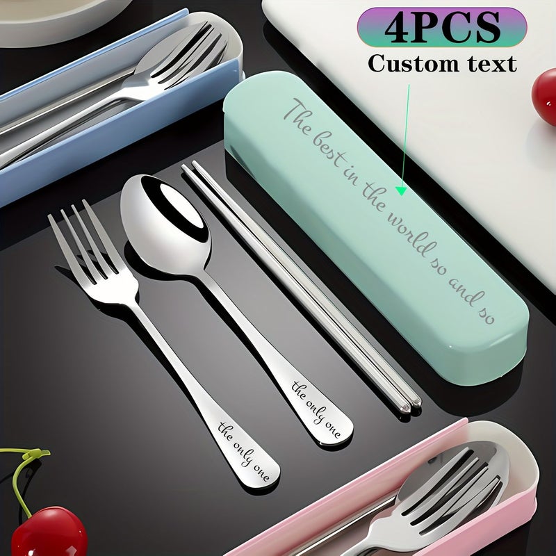 4 Piece Green Portable Cutlery Set With Case Stainless Steel Fork Spoon Chopsticks For Lunch Camping Picnic Travel Workplace - Image 1