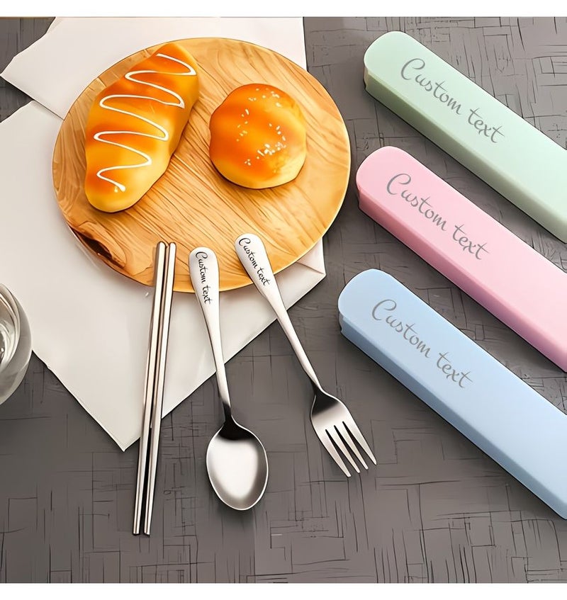 4 Piece Green Portable Cutlery Set With Case Stainless Steel Fork Spoon Chopsticks For Lunch Camping Picnic Travel Workplace - Image 2