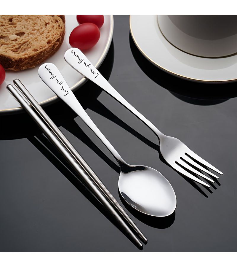 4 Piece Green Portable Cutlery Set With Case Stainless Steel Fork Spoon Chopsticks For Lunch Camping Picnic Travel Workplace - Image 3