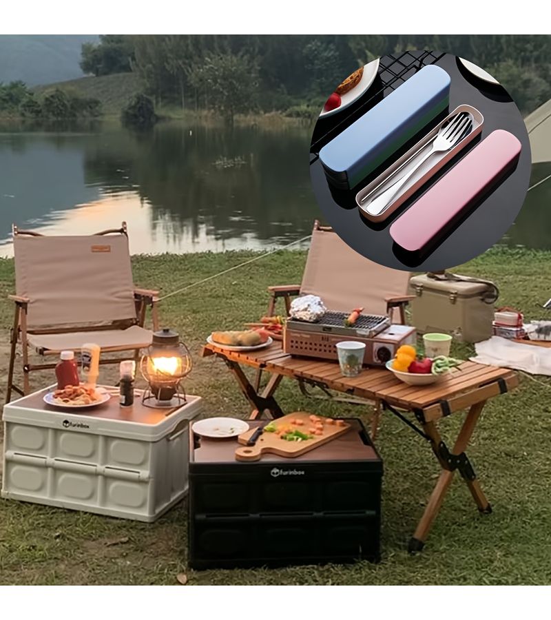 4 Piece Green Portable Cutlery Set With Case Stainless Steel Fork Spoon Chopsticks For Lunch Camping Picnic Travel Workplace - Image 4