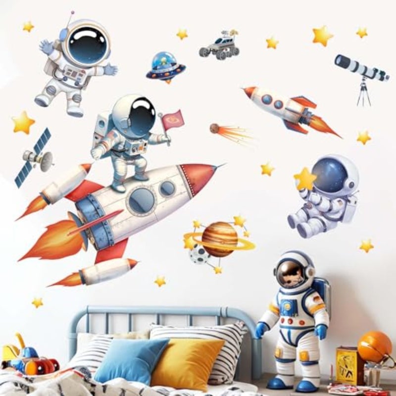ملصقات حائط لرائد الفضاء من ARS®، ملصقات حائط على شكل كواكب الفضاء الخارجي Rocket Boys، رسوم متحركة لطيفة على شكل Spacema - Image 1