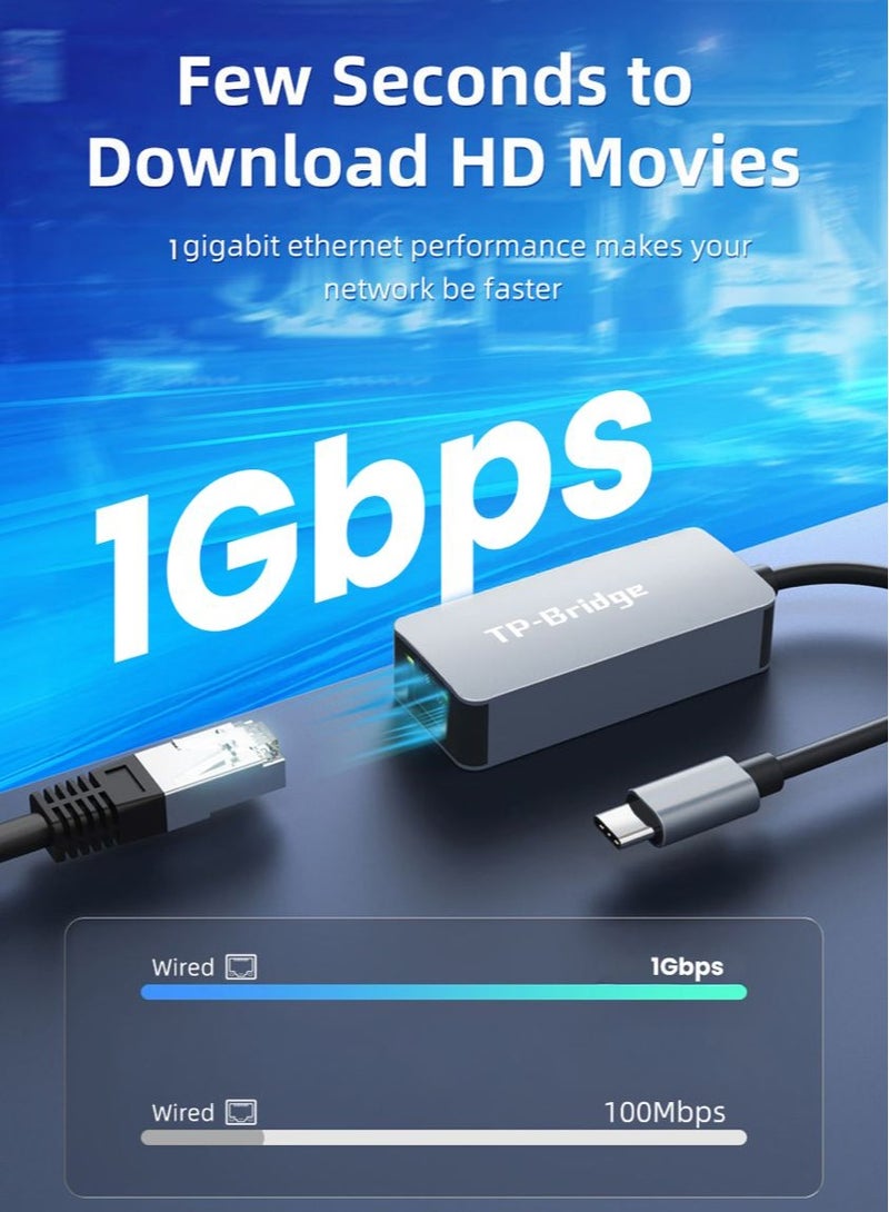 تي بي بردج محول شبكة جيجابت إيثرنت من USB Type-C إلى RJ45 بسرعة 1000 ميجابت في الثانية، هيكل معدني من الألومنيوم، محول جيجابت من Type-C إلى RJ45 لشبكة سلكية Thunderbolt إلى LAN متوافق مع أجهزة MacBook وSurface Pro وiPad Pro 2021 وSwitch وPS5 وXPS15/13 وHuawei P60 وGalaxy Tabs - Image 3