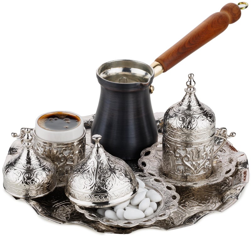 DEMMEX Turkish Greek Arabic Coffee Making and Serving Full Set with Cups Saucers Lids Sugar Bowl Tray and Copper Coffee Pot Hand Decorated with Gold Crystals 12 Pcs Silver