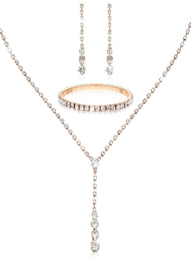 Yolev Gold Wedding Jewelry Sets for Women Gold Rhinestone Necklace Earrings Bracelet Bridesmaid Bridal Necklace for Wedding Costume Accessories for Women - Image 1