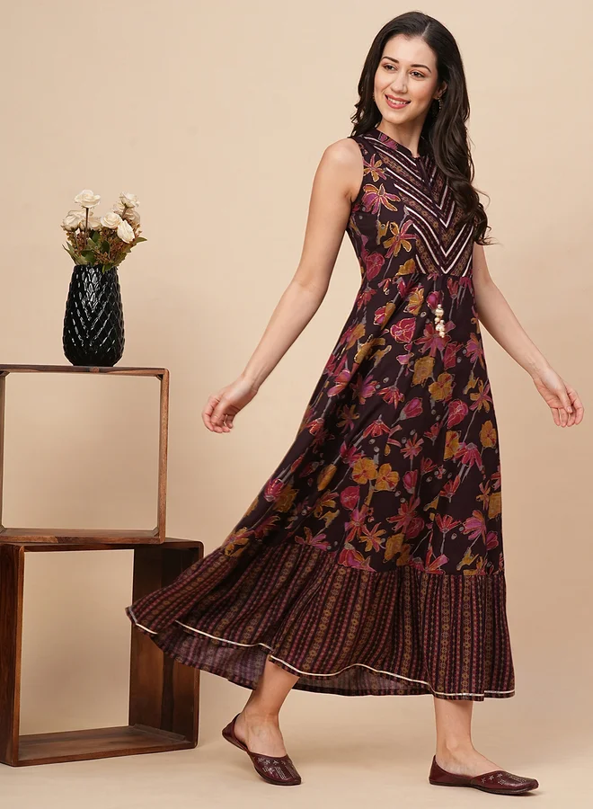 جلو باص Globus Women Floral Printed Mandarin Collar A-Line Maxi Dress with Lace Detail