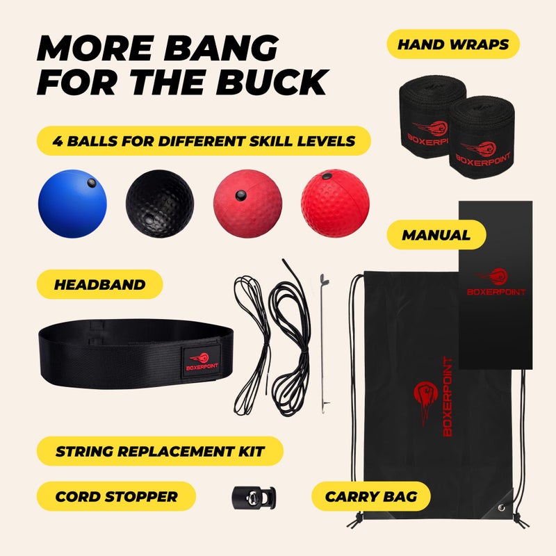 BOXERPOINT Boxing Reflex Ball for Adults and Kids - React Reflex Balls on String with Headband, Carry Bag and Hand Wraps - Improve Hand Eye Coordination, Punching Speed, Fight Reaction - Image 5